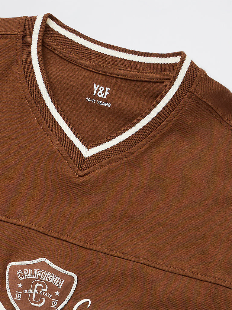 Y&F Kids Boys Brown Numerical Printed Cotton T-Shirt