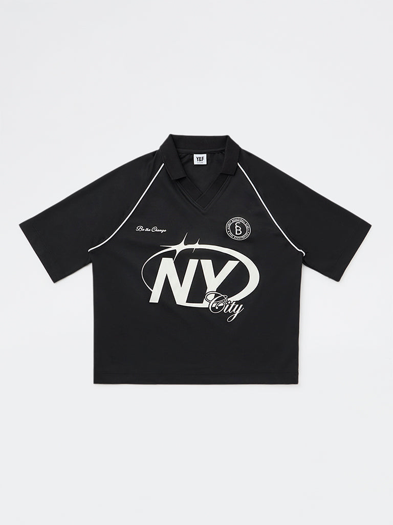 Y&F Kids Boys Black Text-Printed T-Shirt
