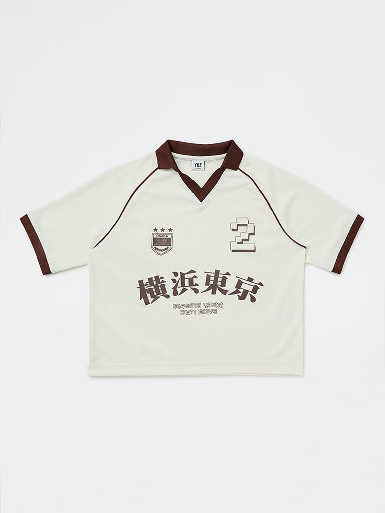 Y&F Kids Boys Off-White Japanese Text Printed T-Shirt