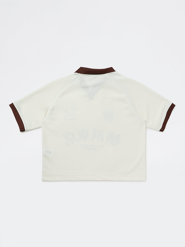 Y&F Kids Boys Off-White Japanese Text Printed T-Shirt