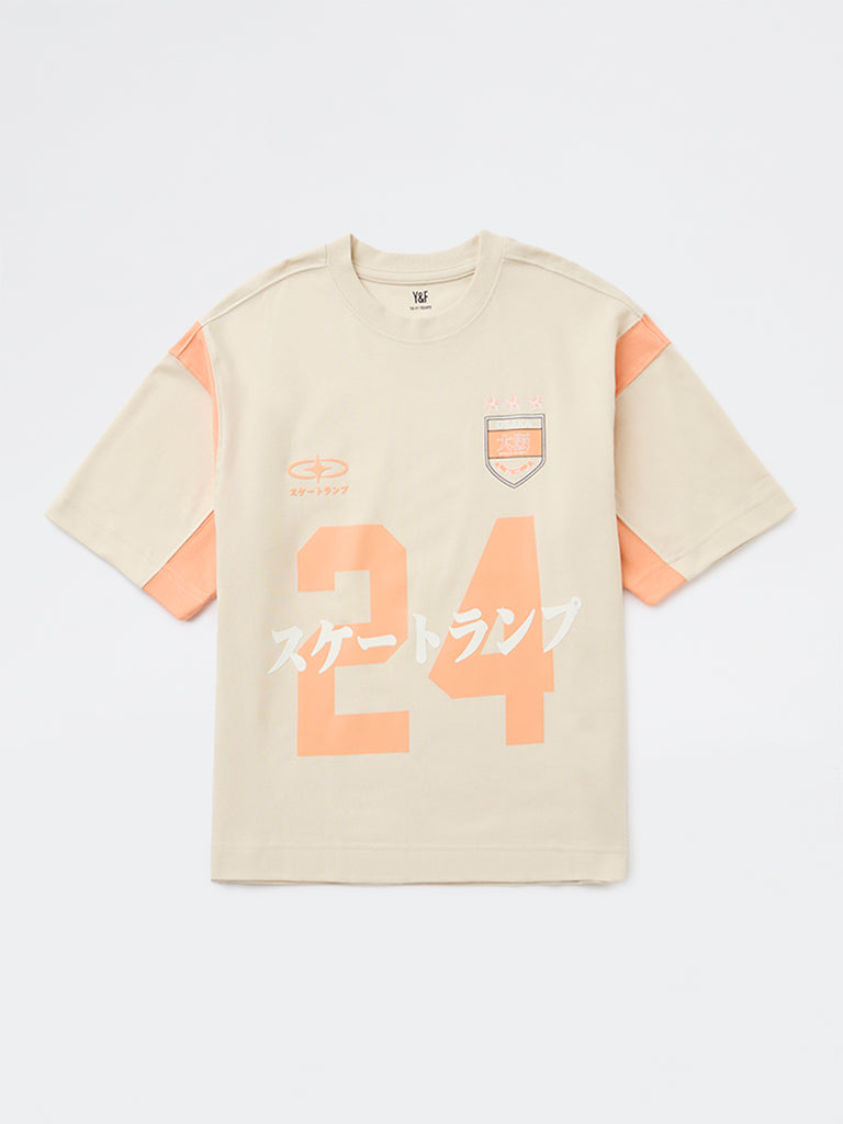 Y&F Kids Boys Beige Printed Cotton T-Shirt