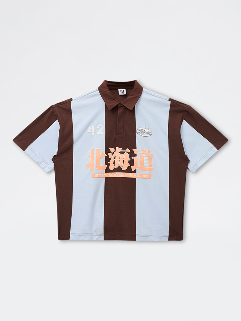 Y&F Kids Boys Brown Colour-Blocked Cotton Polo T-Shirt