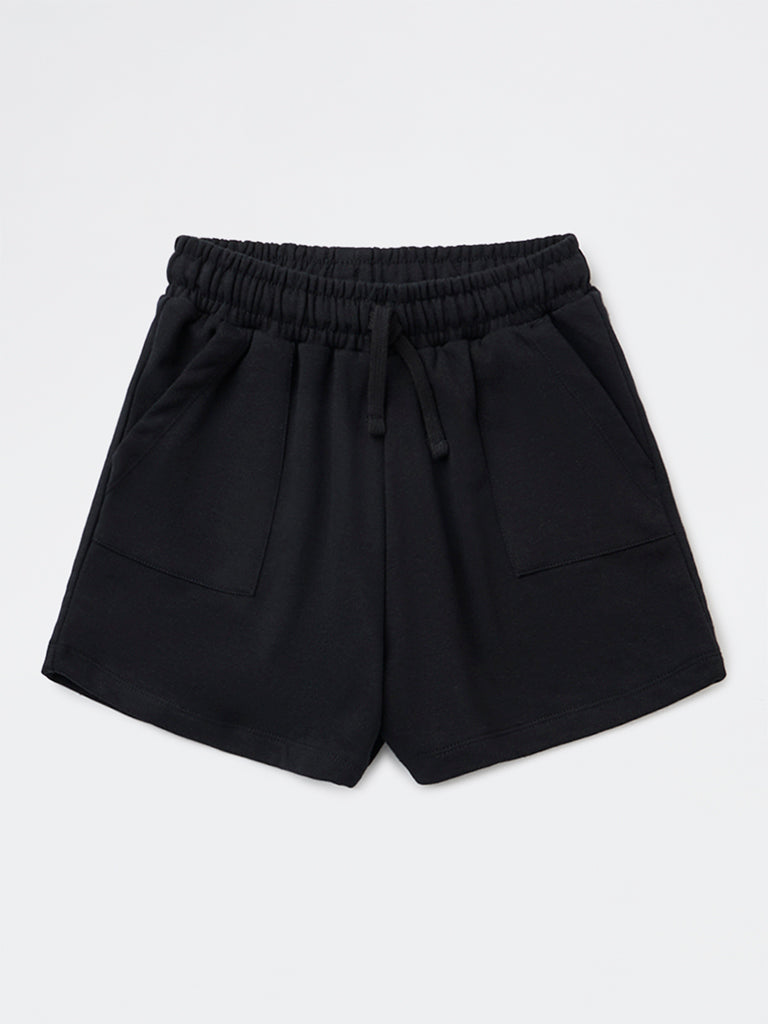 Y&F Kids Girls Black Solid High-Rise Cotton-Blend Shorts