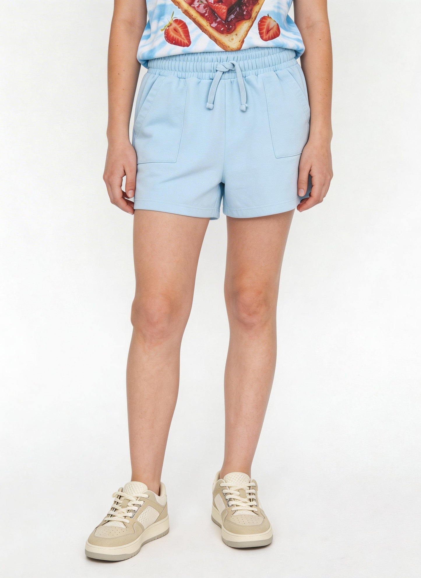 Y&F Kids Girls Light Blue Solid High-Rise Cotton-Blend Shorts