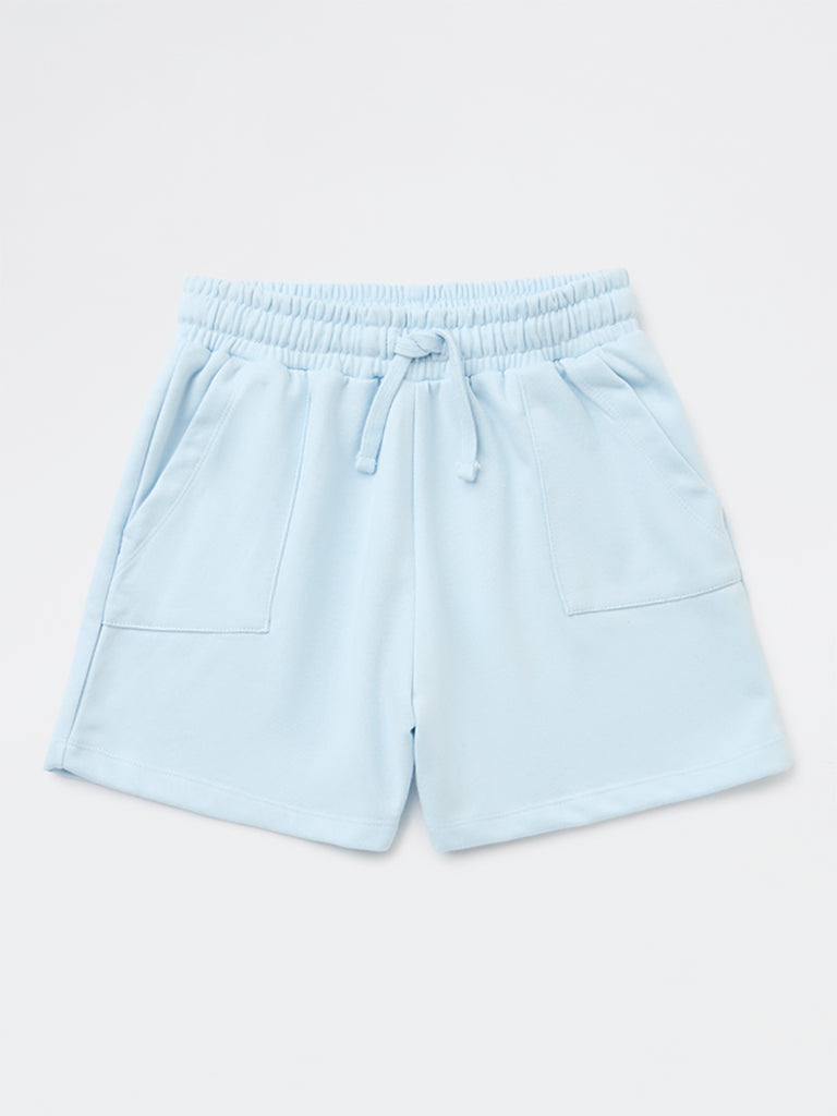 Y&F Kids Girls Light Blue Solid High-Rise Cotton-Blend Shorts