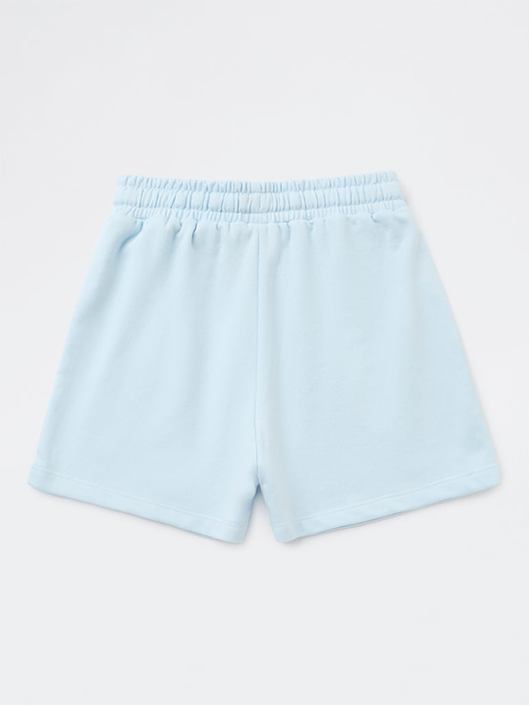 Y&F Kids Girls Light Blue Solid High-Rise Cotton-Blend Shorts
