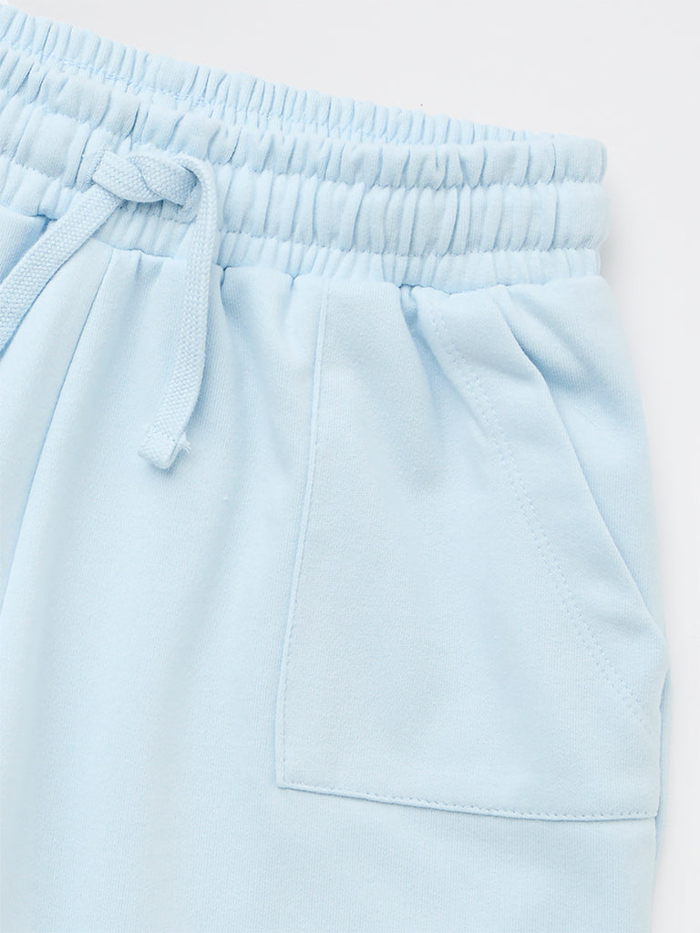 Y&F Kids Girls Light Blue Solid High-Rise Cotton-Blend Shorts