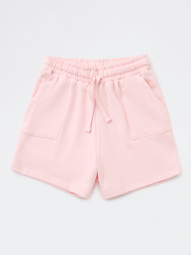 Y&F Kids Girls Light Pink Solid High-Rise Cotton-Blend Shorts