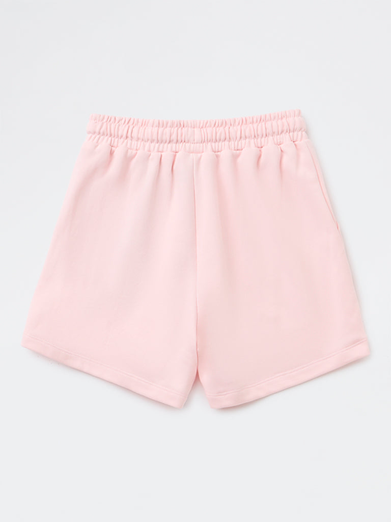 Y&F Kids Girls Light Pink Solid High-Rise Cotton-Blend Shorts