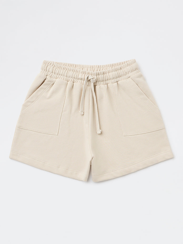 Y&F Kids Girls Beige Solid High-Rise Cotton-Blend Shorts