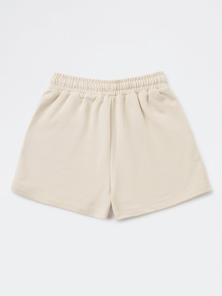 Y&F Kids Girls Beige Solid High-Rise Cotton-Blend Shorts