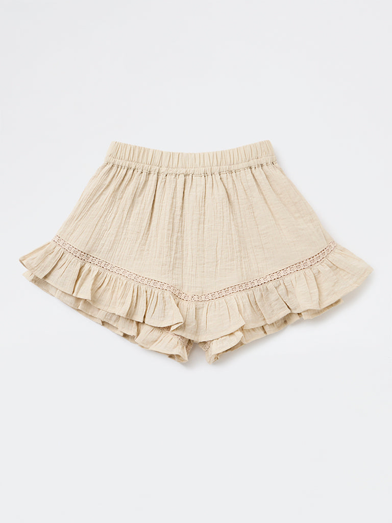 Y&F Kids Girls Beige Crinkle-Textured High-Rise Skorts