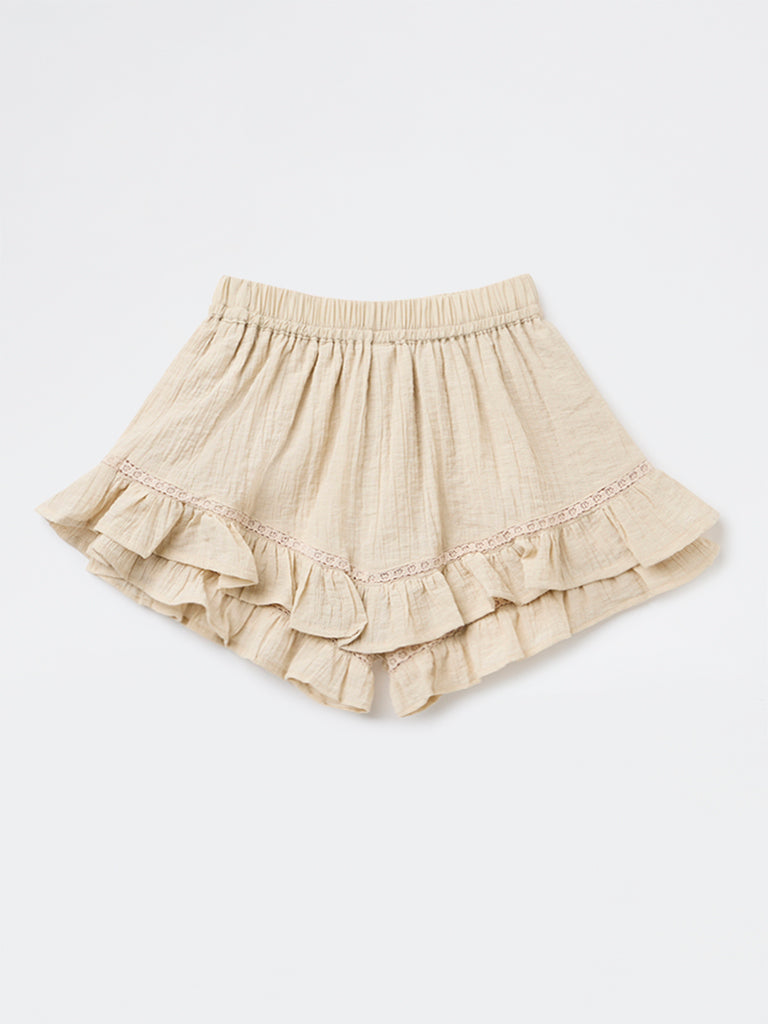 Y&F Kids Girls Beige Crinkle-Textured High-Rise Skorts