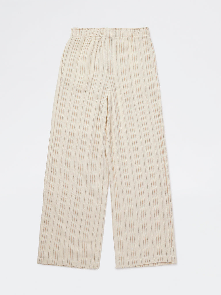 Y&F Kids Girls Off-White Striped Mid-Rise Cotton-Blend Trousers