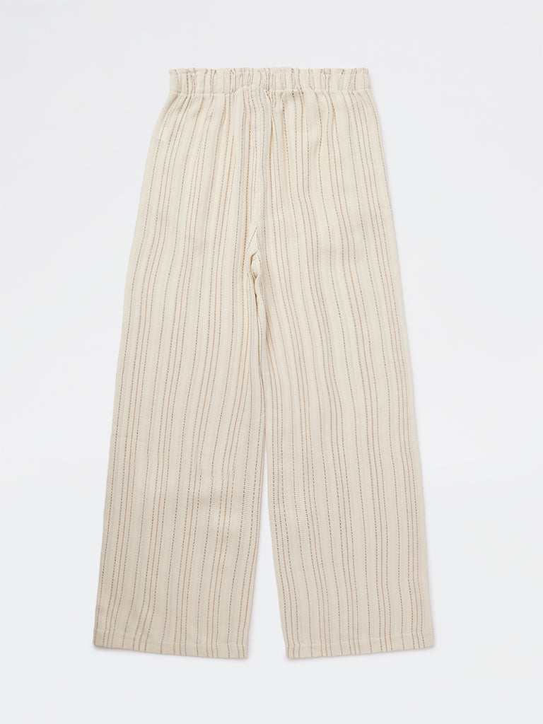 Y&F Kids Girls Off-White Striped Mid-Rise Cotton-Blend Trousers
