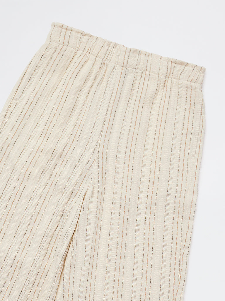 Y&F Kids Girls Off-White Striped Mid-Rise Cotton-Blend Trousers