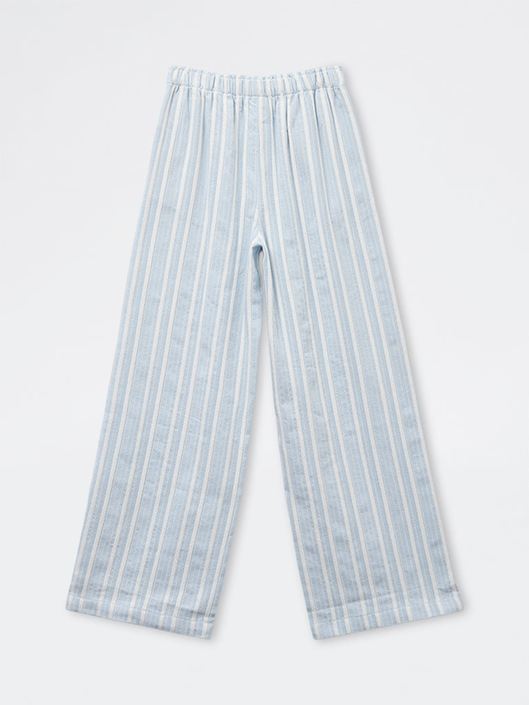 Y&F Kids Girls Blue Striped High Rise Cotton-Blend Trousers