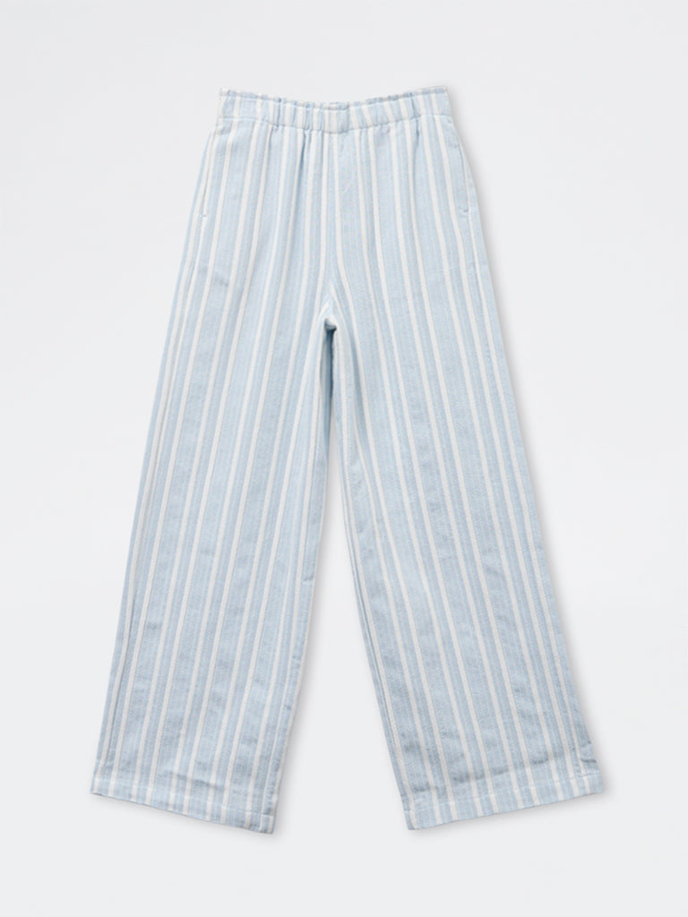 Y&F Kids Girls Blue Striped High Rise Cotton-Blend Trousers