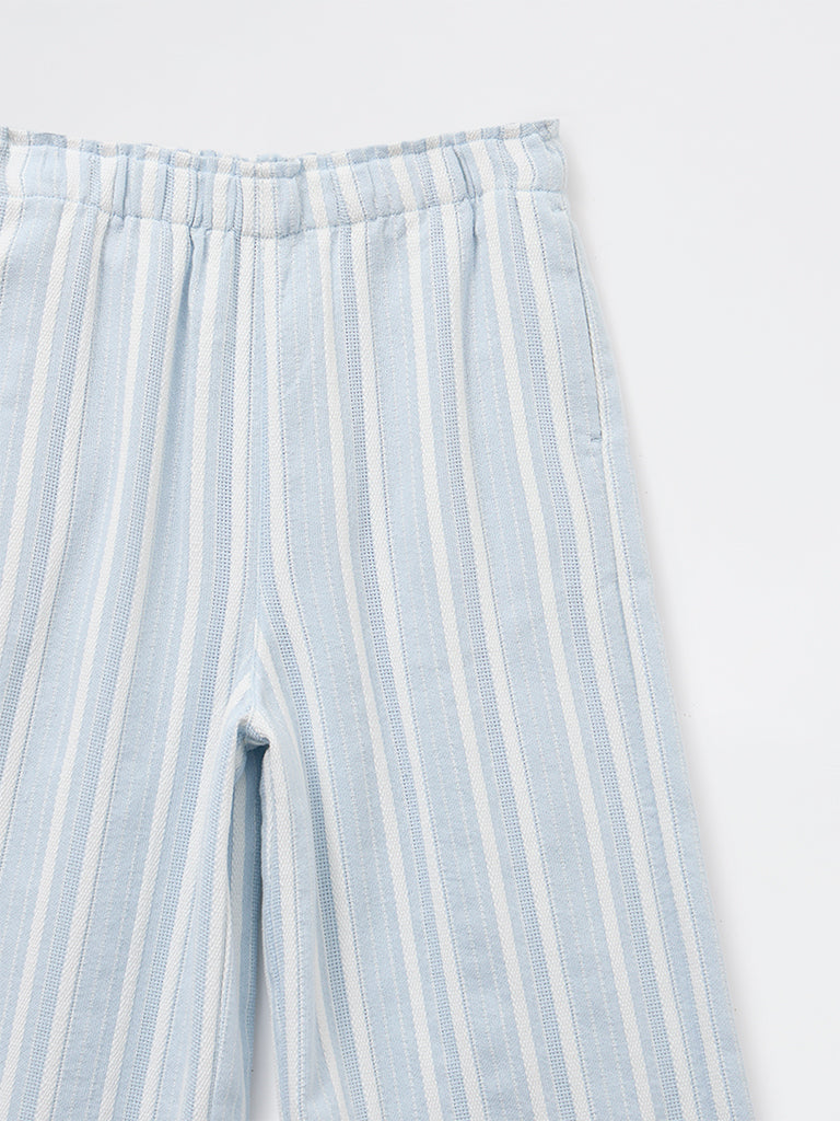 Y&F Kids Girls Blue Striped High Rise Cotton-Blend Trousers