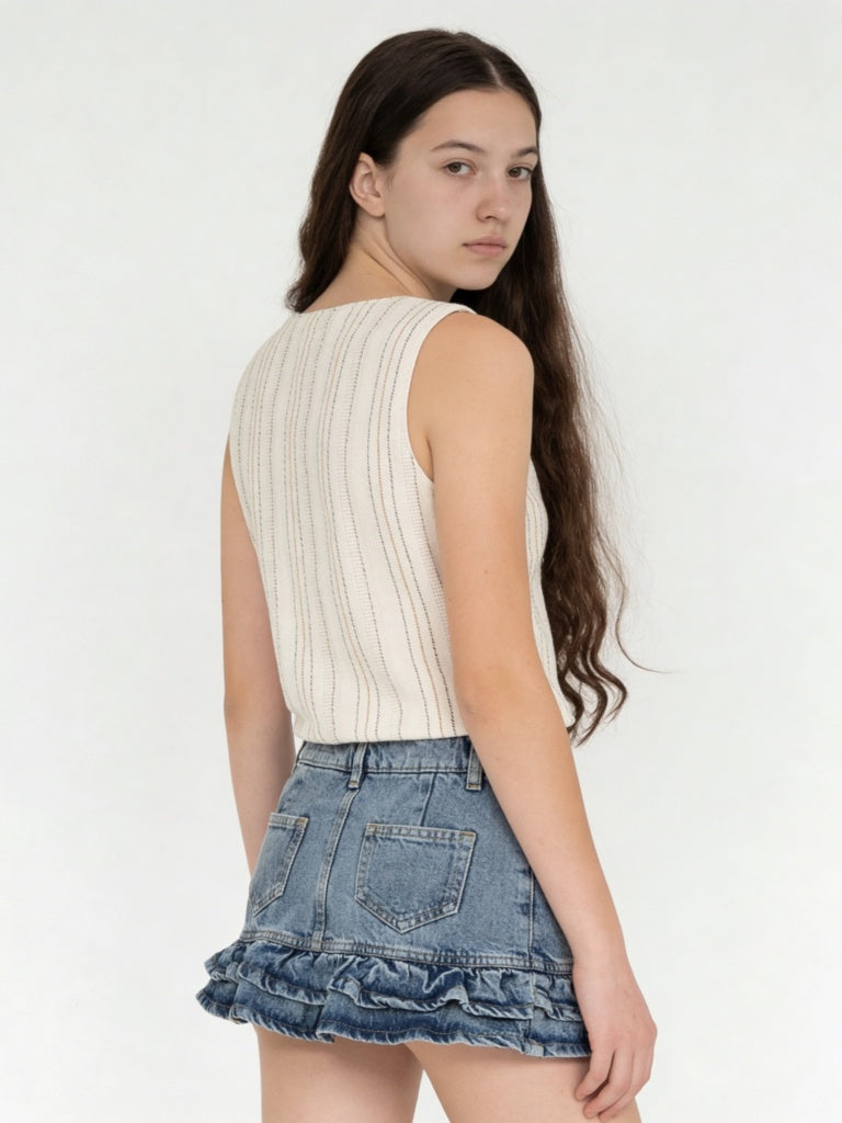 Y&F Kids Girls Off-White Striped Cotton-Blend Waistcoat