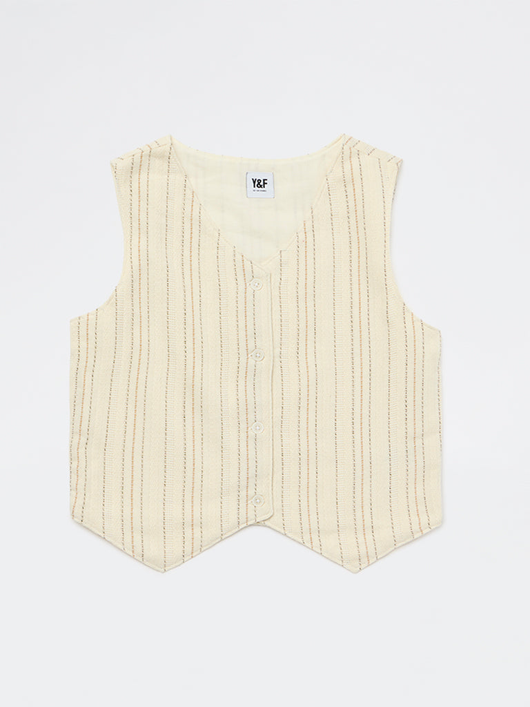Y&F Kids Girls Off-White Striped Cotton-Blend Waistcoat
