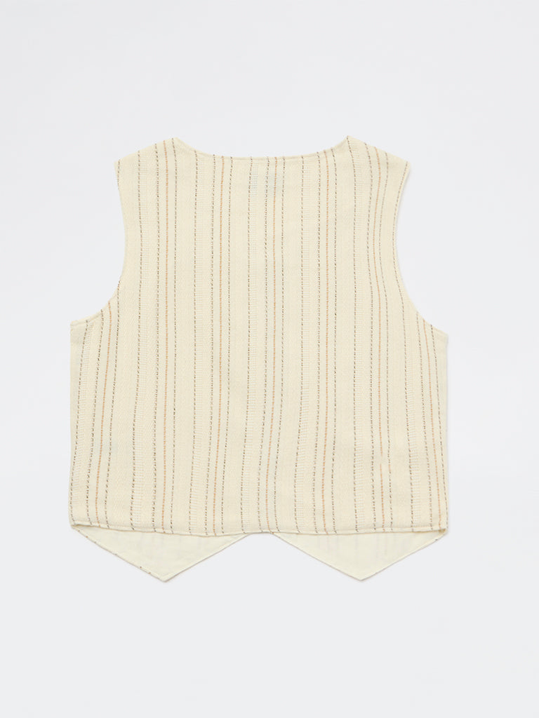 Y&F Kids Girls Off-White Striped Cotton-Blend Waistcoat