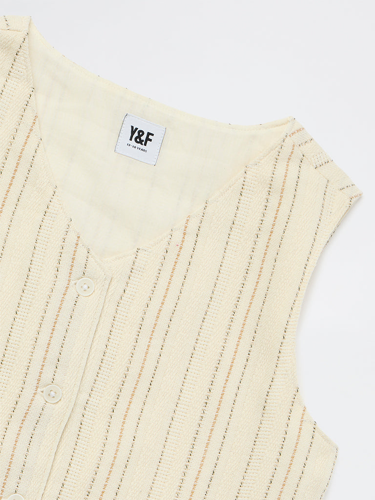Y&F Kids Girls Off-White Striped Cotton-Blend Waistcoat