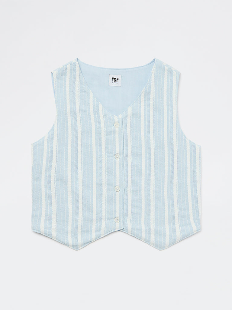Y&F Kids Girls Blue Striped Cotton-Blend Waistcoat