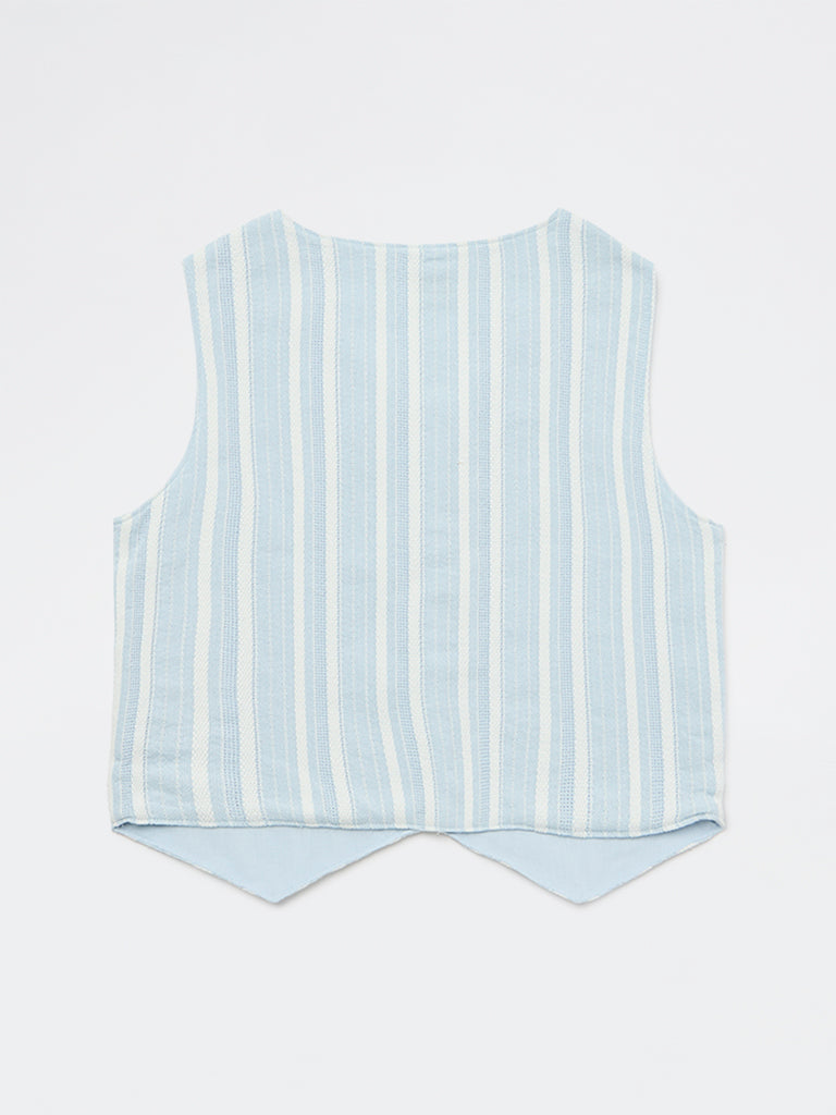 Y&F Kids Girls Blue Striped Cotton-Blend Waistcoat