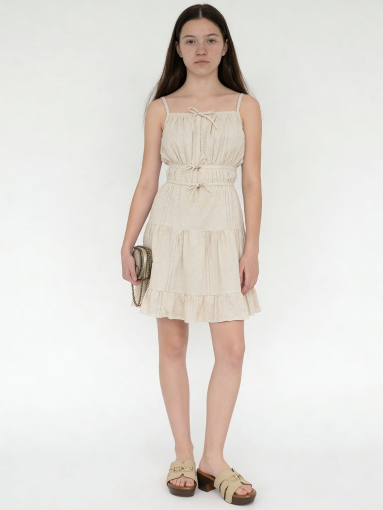 Y&F Kids Girls Beige Embroidered Tiered Cotton Dress