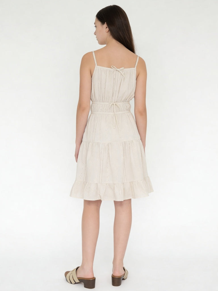 Y&F Kids Girls Beige Embroidered Tiered Cotton Dress