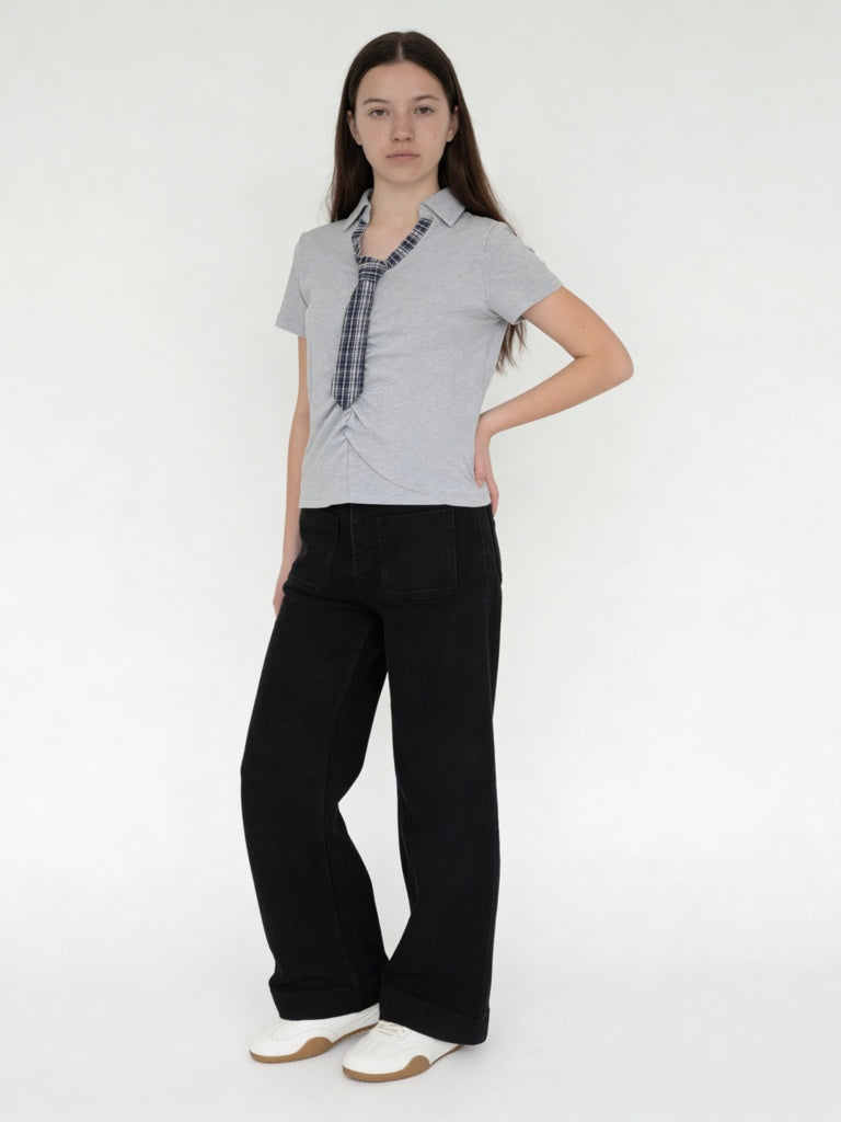 Y&F Kids Girls Grey Cotton-Blend Top with Tie
