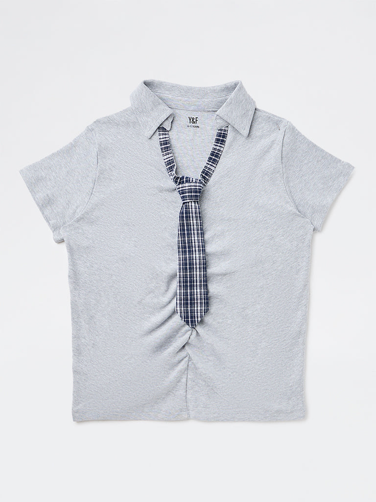Y&F Kids Girls Grey Cotton-Blend Top with Tie