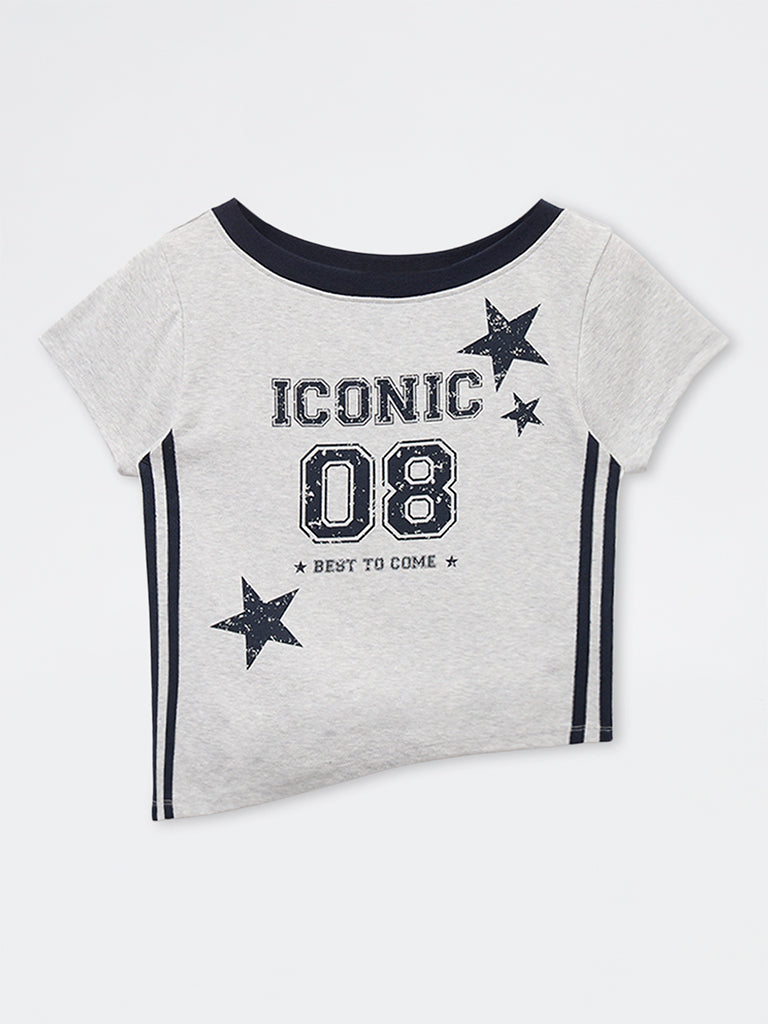 Y&F Kids Girls Grey Printed Cotton-Blend T-Shirt