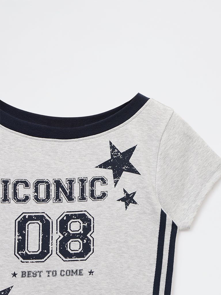 Y&F Kids Girls Grey Printed Cotton-Blend T-Shirt