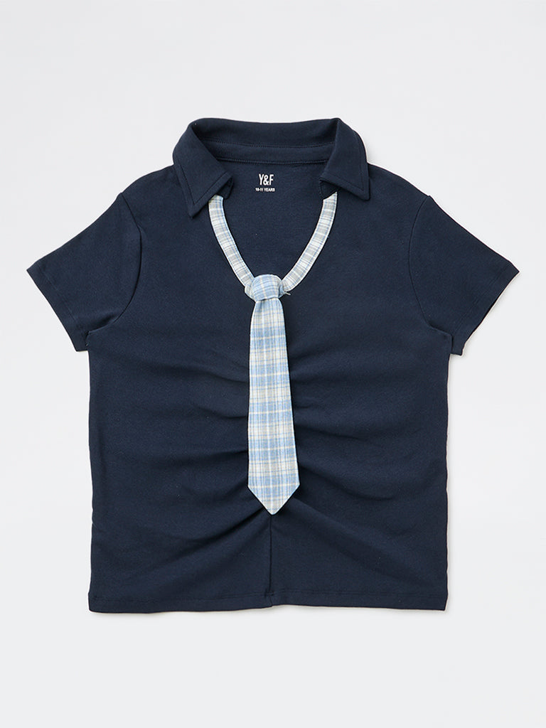 Y&F Kids Girls Navy Cotton-Blend Tie Detailed Top