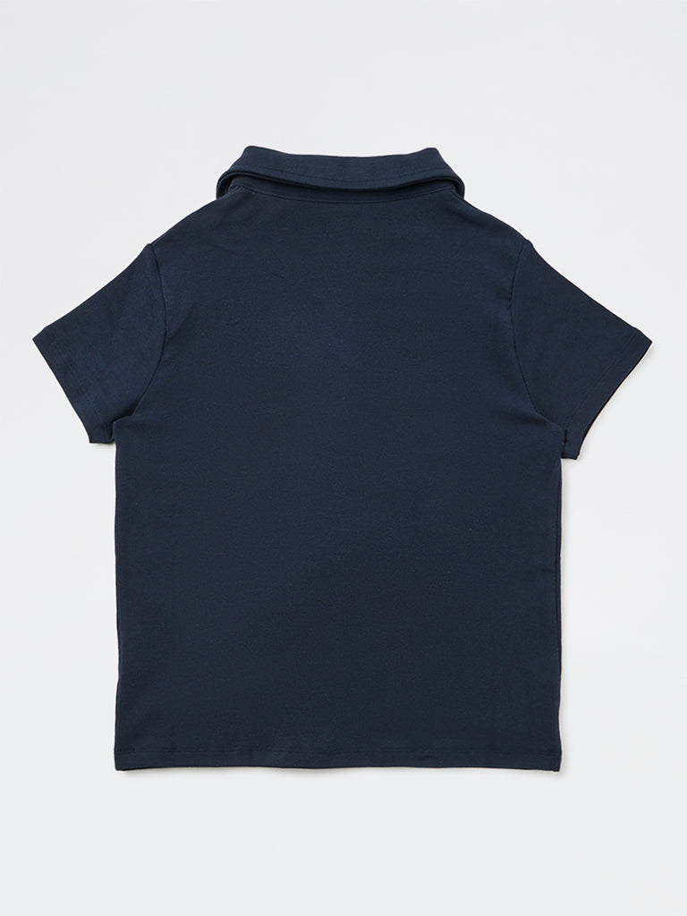 Y&F Kids Girls Navy Cotton-Blend T-Shirt with Tie