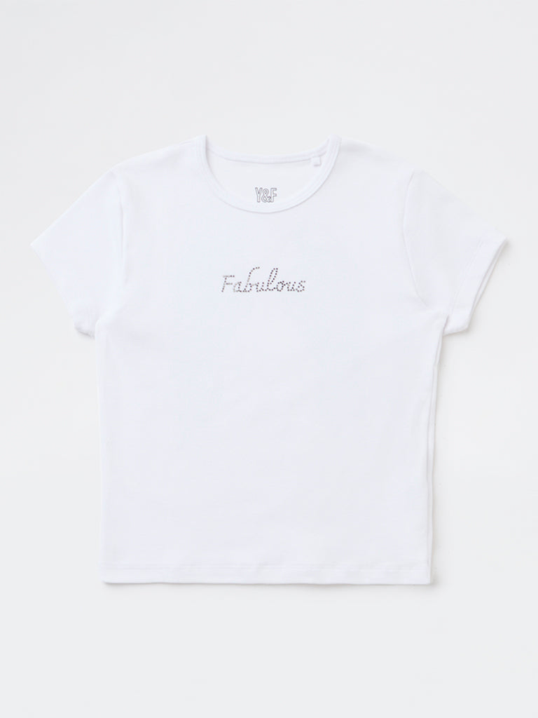 Y&F Kids Girls White Embellished Cotton-Blend T-Shirt