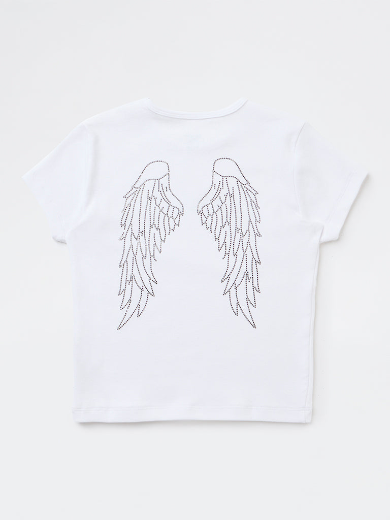 Y&F Kids Girls White Embellished Cotton-Blend T-Shirt