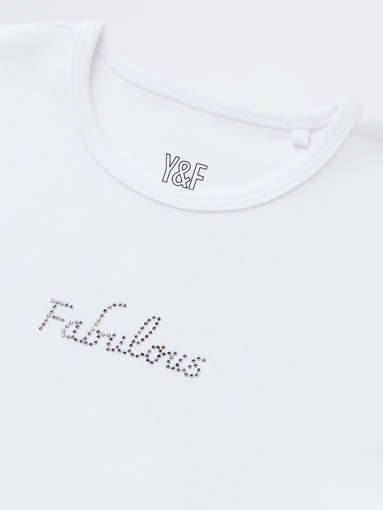 Y&F Kids Girls White Embellished Cotton-Blend T-Shirt