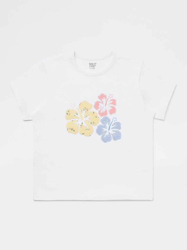 Y&F Kids Girls White Floral Embroidered Cotton-Blend T-Shirt