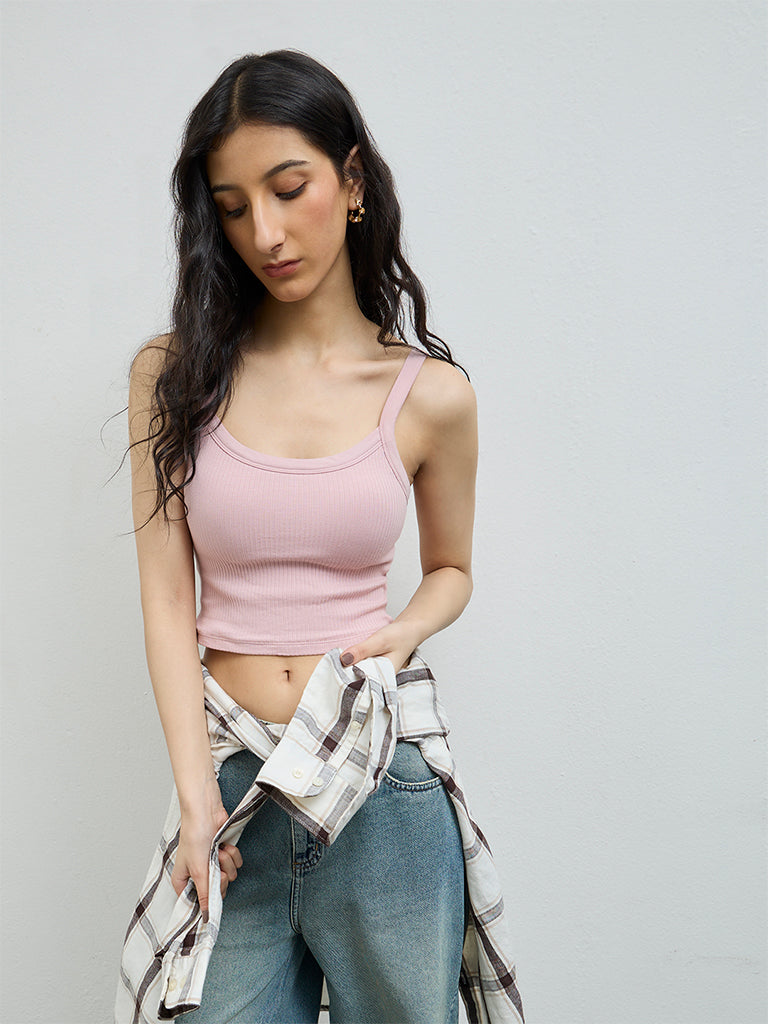 Nuon Dusty Pink Ribbed-Textured Cotton-Blend Top
