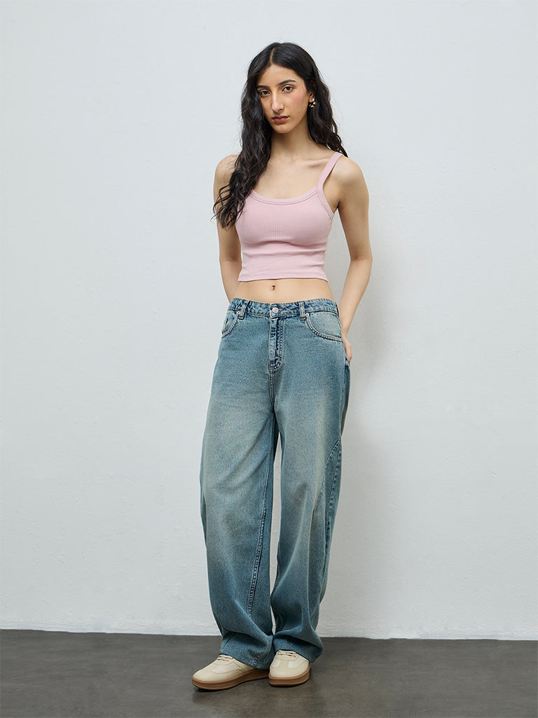 Nuon Dusty Pink Ribbed-Textured Cotton-Blend Top