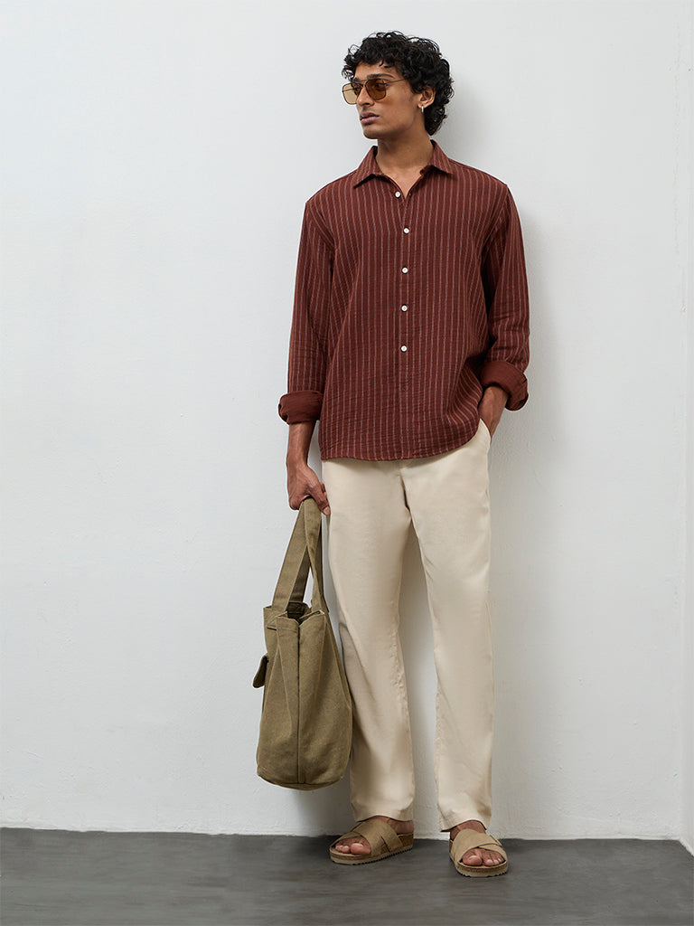 ETA Brown Striped Relaxed-Fit Cotton Shirt