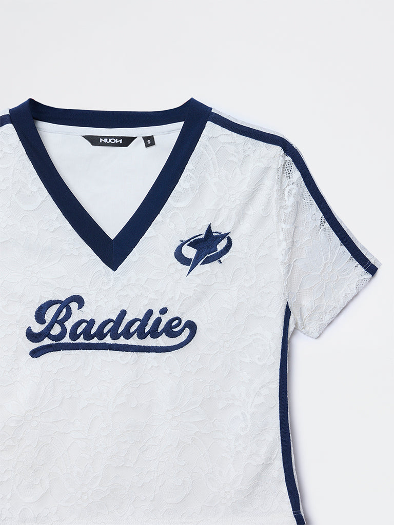 Nuon White Text-Detailed Lace T-Shirt