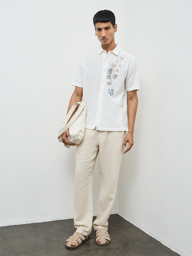 ETA White Floral Embroidered Relaxed-Fit Cotton Shirt