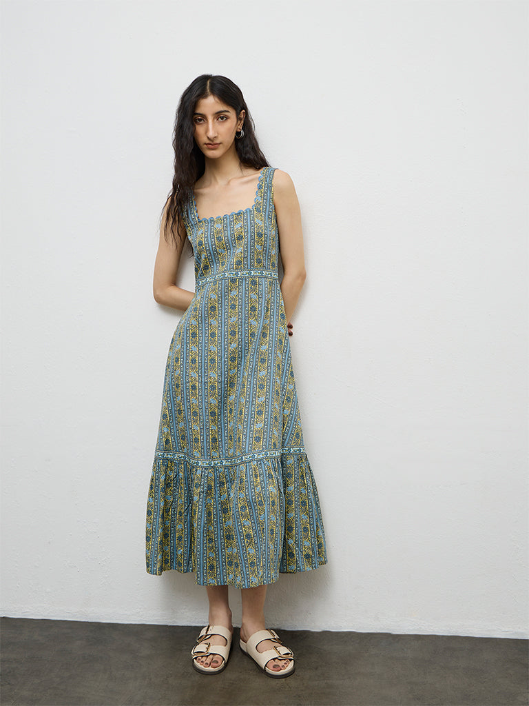 Bombay Paisley Blue Floral Printed Cotton A-Line Dress