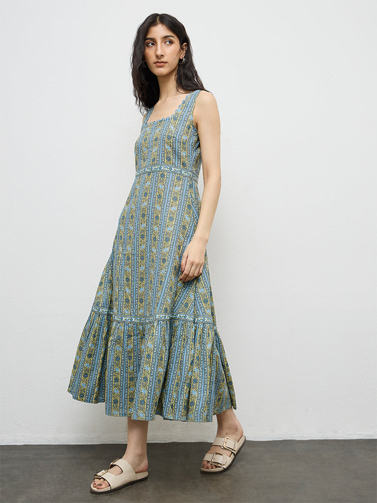 Bombay Paisley Blue Floral Printed Cotton A-Line Dress