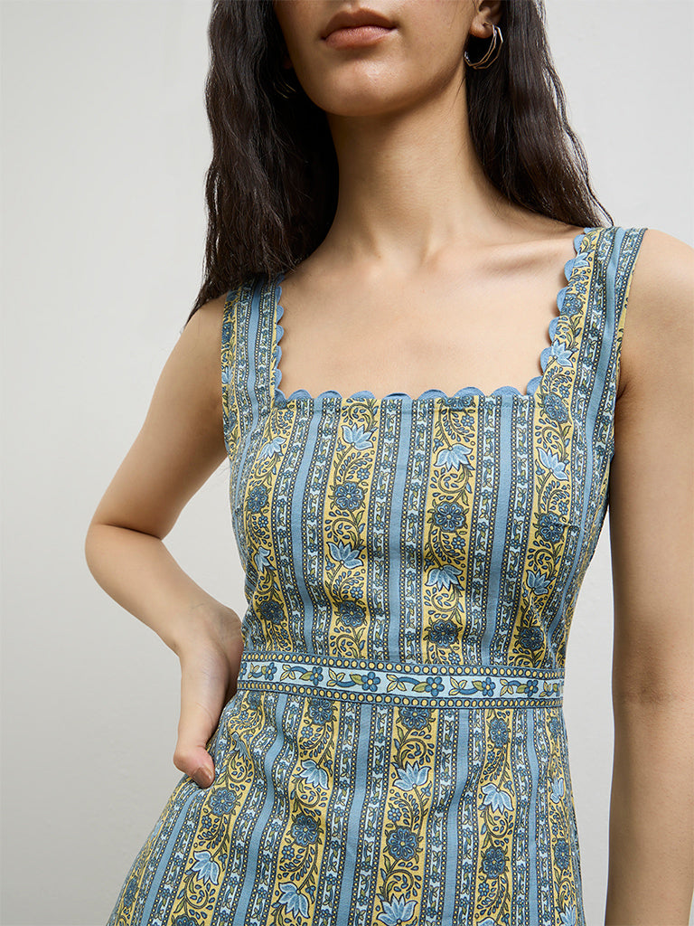 Bombay Paisley Blue Floral Printed Cotton A-Line Dress
