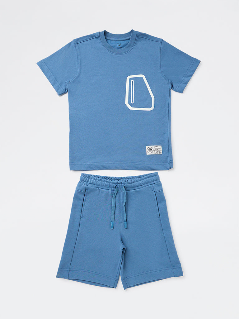 Y&F Kids Boys Blue Cotton-Blend T-Shirt and Shorts Set